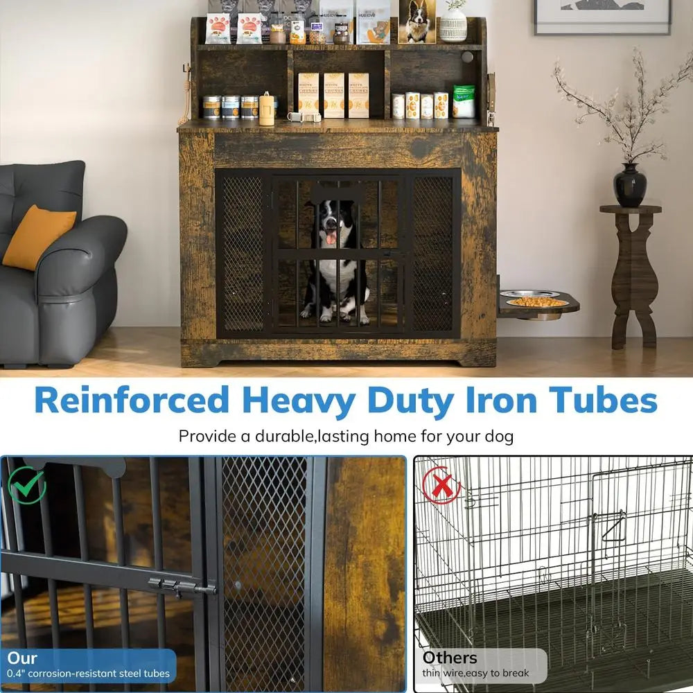 Heavy Duty Indoor Dog Crate Furniture With Storage And Bowls