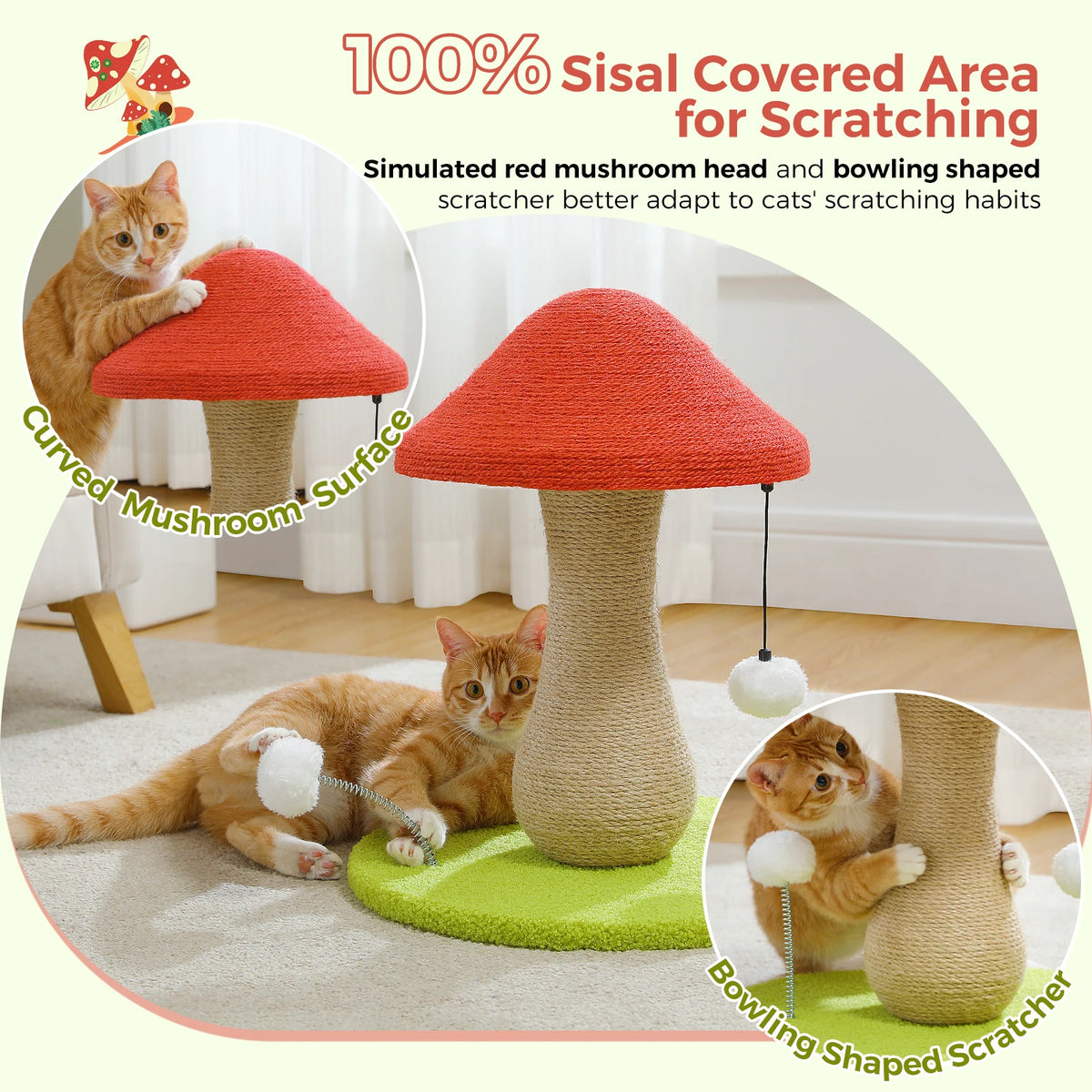 Mushroom Cat Scratching Post, Cat Scratcher Cute with 100% Sisal Covered Scratching Post & Pompoms Cat Toy, Mushroom Cat Post