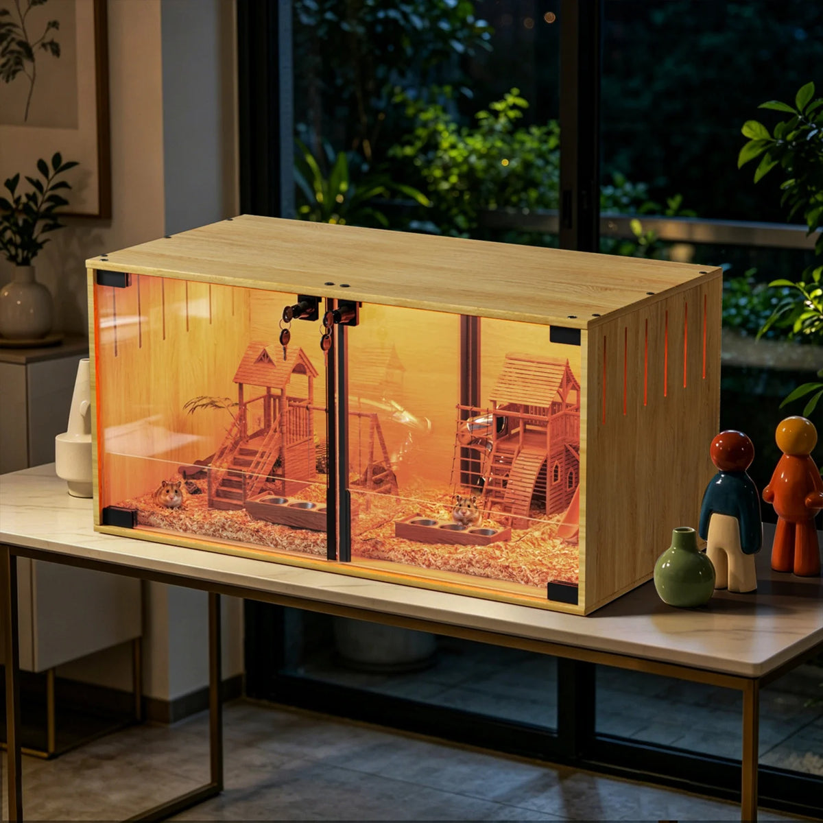 Wooden Small Animal Cage With Glass And Removable Divider