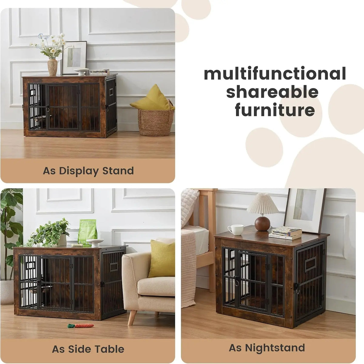 27 Inch Heavy Duty Dog Crate Furniture for Puppy/Small Dogs, Decorative Pet House End Table with 3 Doors, Wooden Cage Kennel