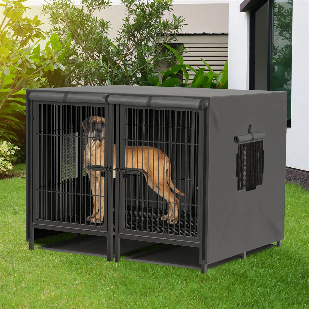 2 in 1 Large Heavy Duty Metal Dog Cage Double Dog Crate Kennel with Removable Divider for 2 Dogs