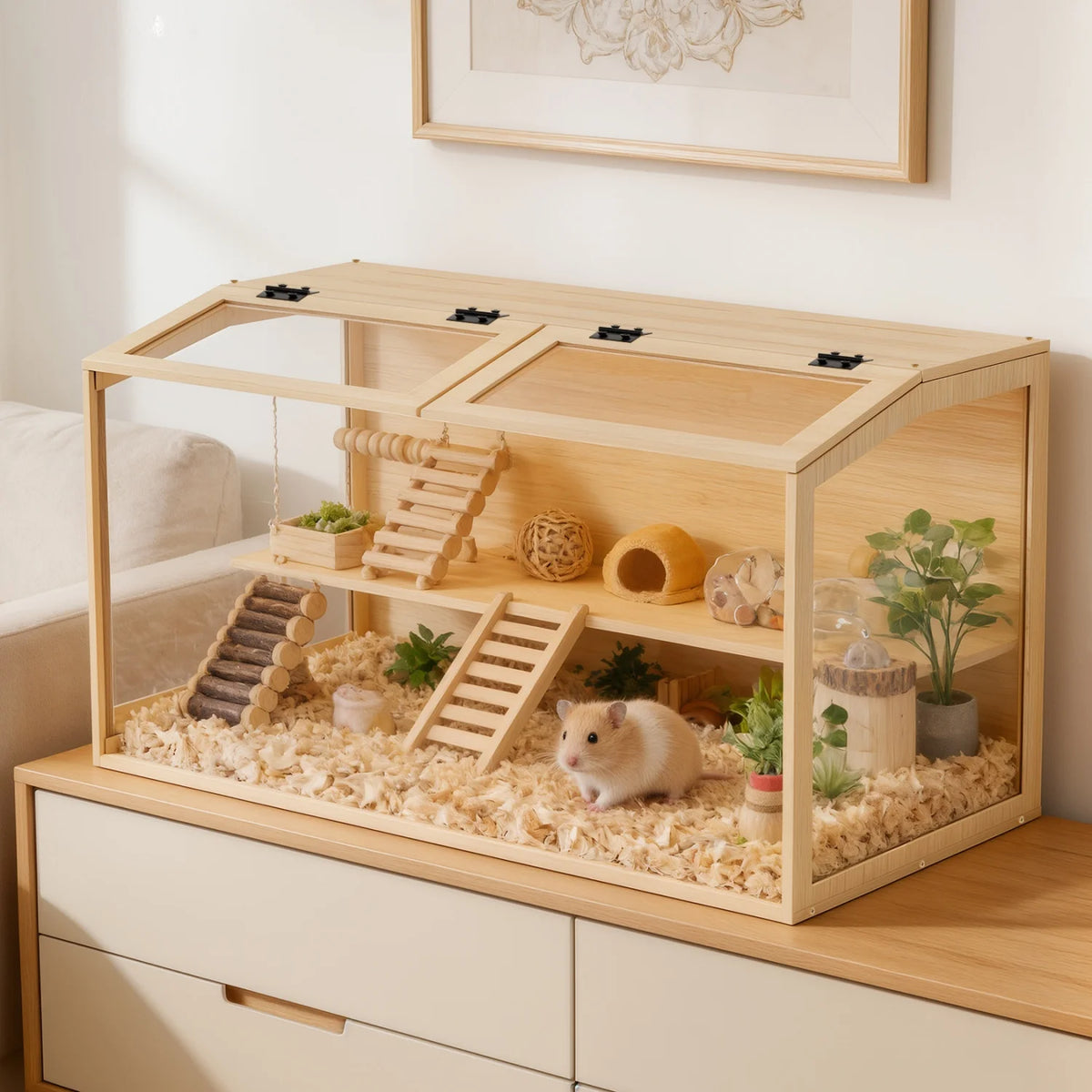 Chewproof Wooden Hamster Cage With Glass And Led Lighting
