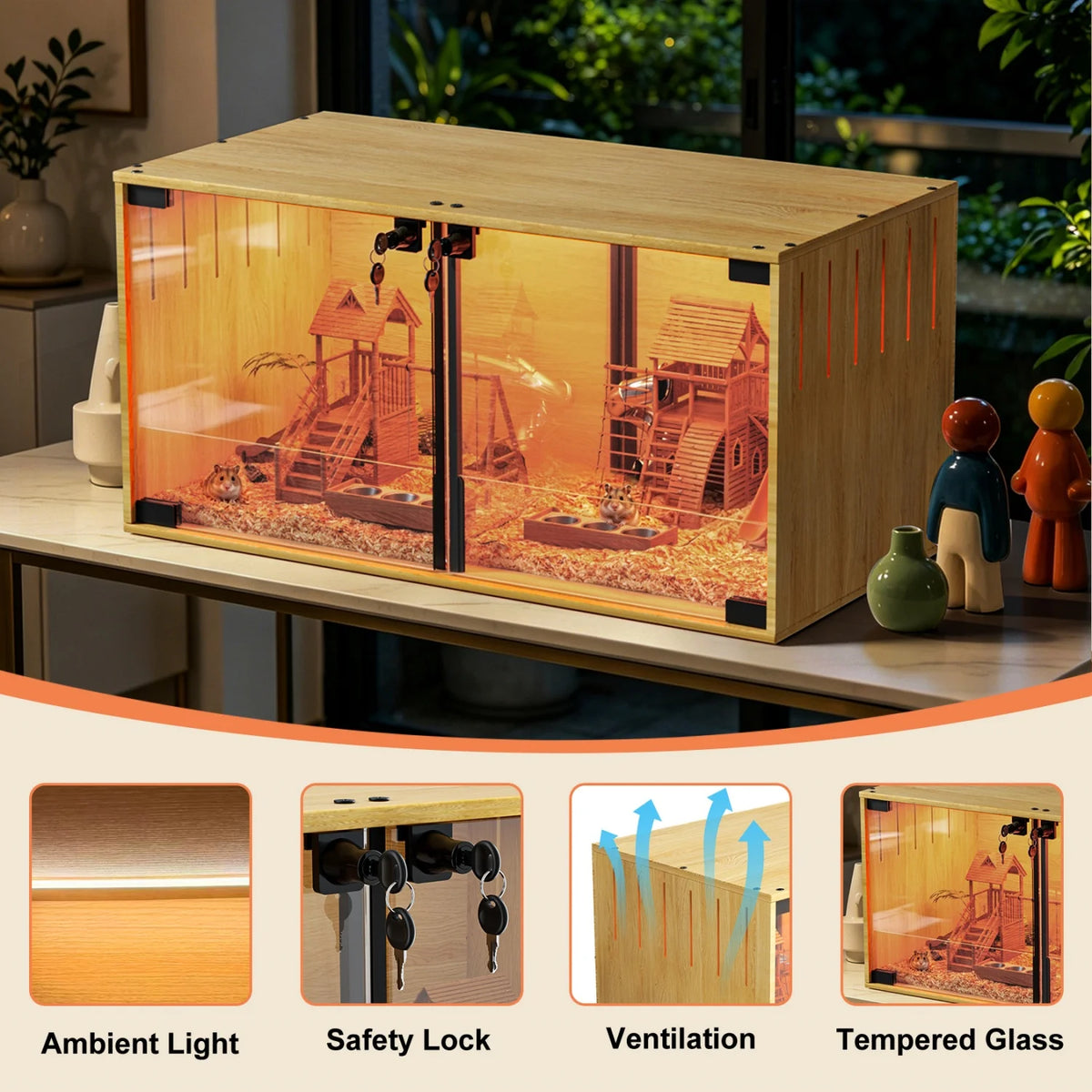 Wooden Small Animal Cage With Glass And Removable Divider