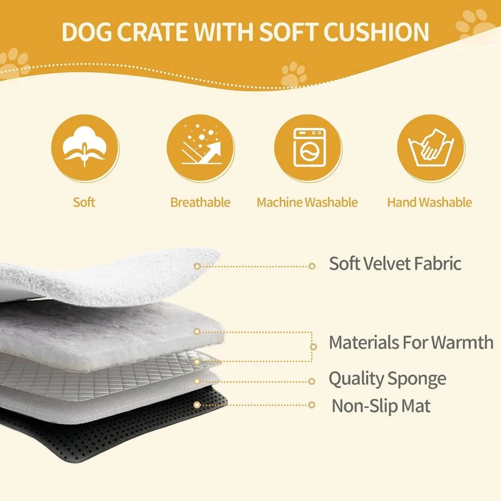 63" Heavy Duty Indoor Dog Kennel Furniture, Wood Dog Crate for Medium to Large Dogs with Cushion, White Brown