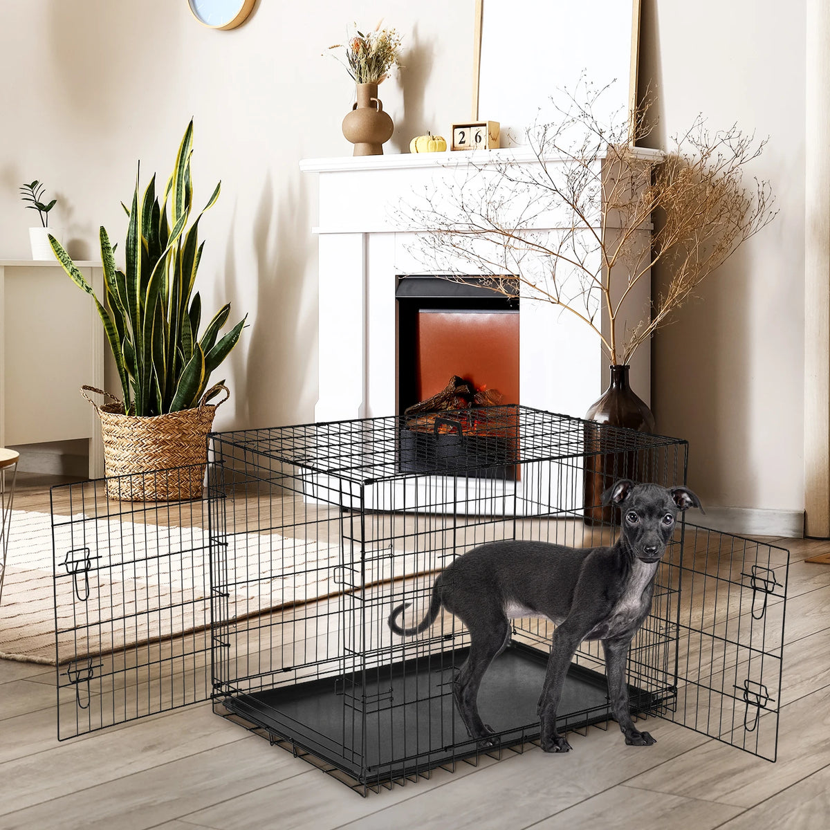 JHK Double Door Folding Dog Kennel With Leakproof Pan Tray