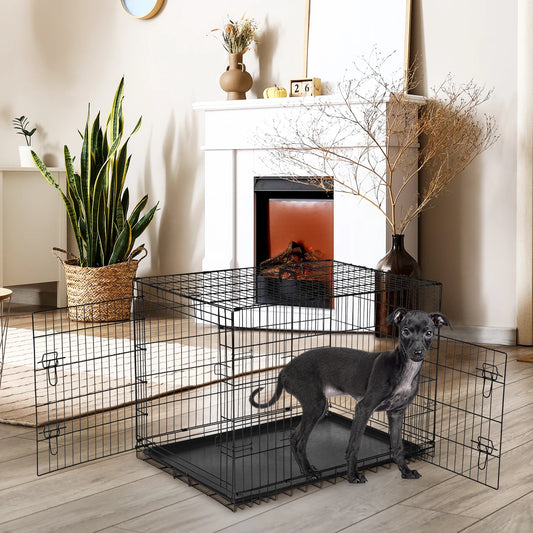 JHK Double Door Folding Dog Kennel With Leakproof Pan Tray