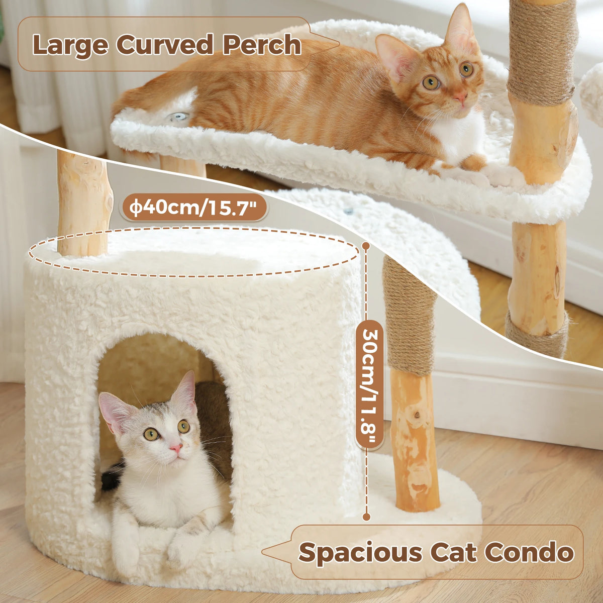 Modern Cat Tree Tower with Natural Solid Wood Scratching Posts Spacious Wicker Basket Luxury Cat Condo Bed for Indoor Cat Toys