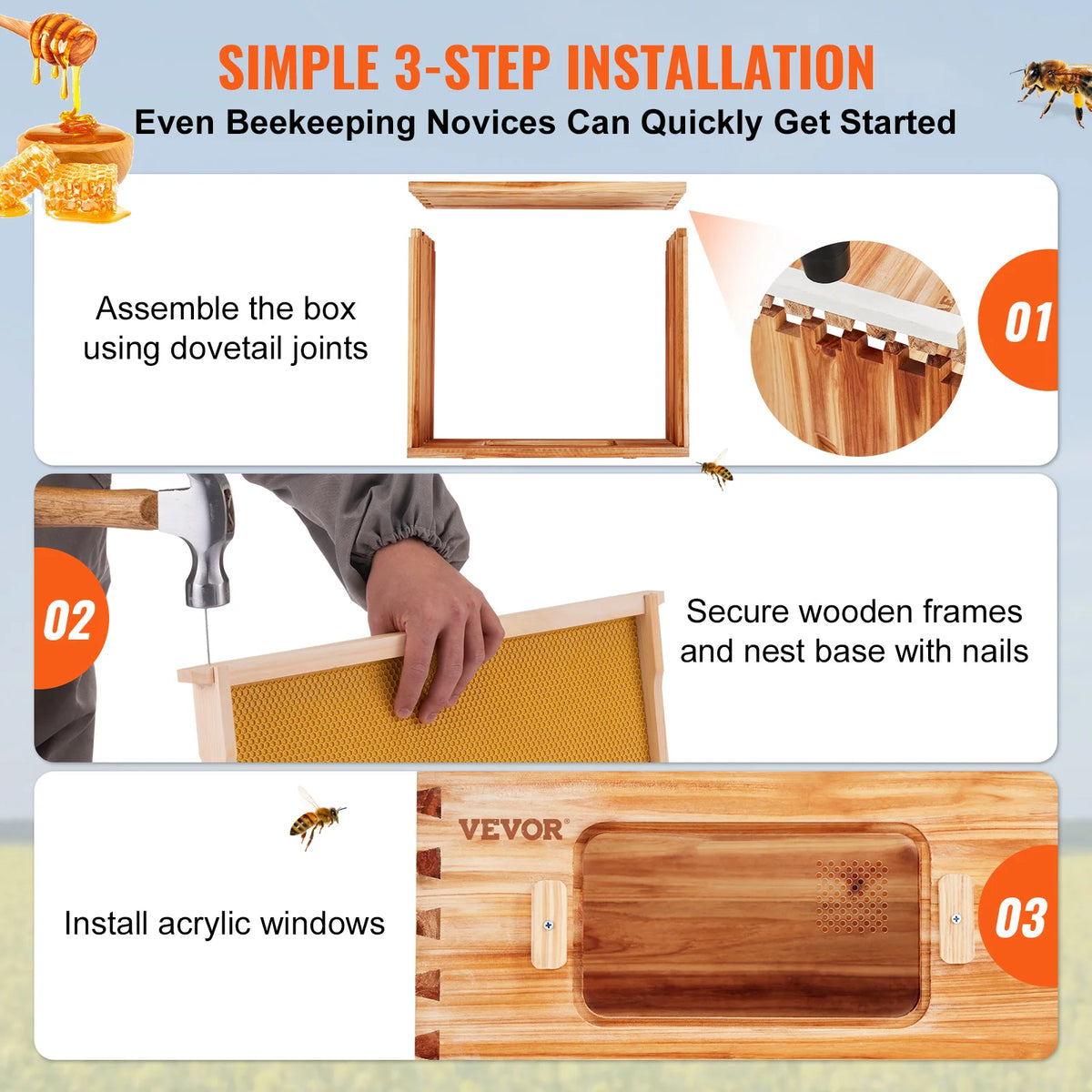 SucceBuy Bee Hive Medium Box Starter Kit  100% Beeswax Coated Natural Cedar Wood  Beehive Kit with 10 Frames and Foundations