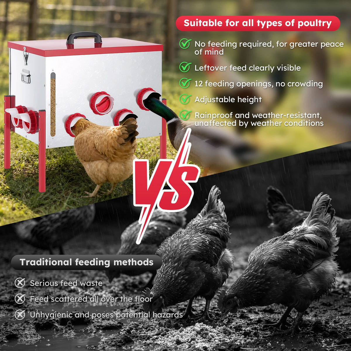 1* 130 lb Extra-Large Galvanized Chicken Feeder with 12 No-Waste Ports Durable