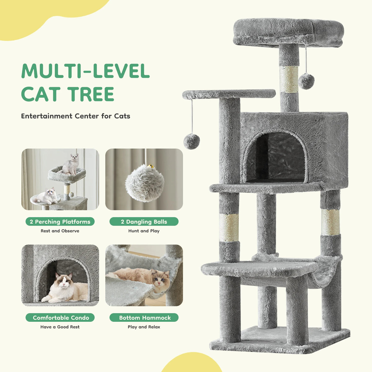 JHK 44In Cat Tree Tall Multi-Cat Climbing Tower for Pet Furniture Natural Sisal Scratching Posts Stable Pet House for Indoor Cat