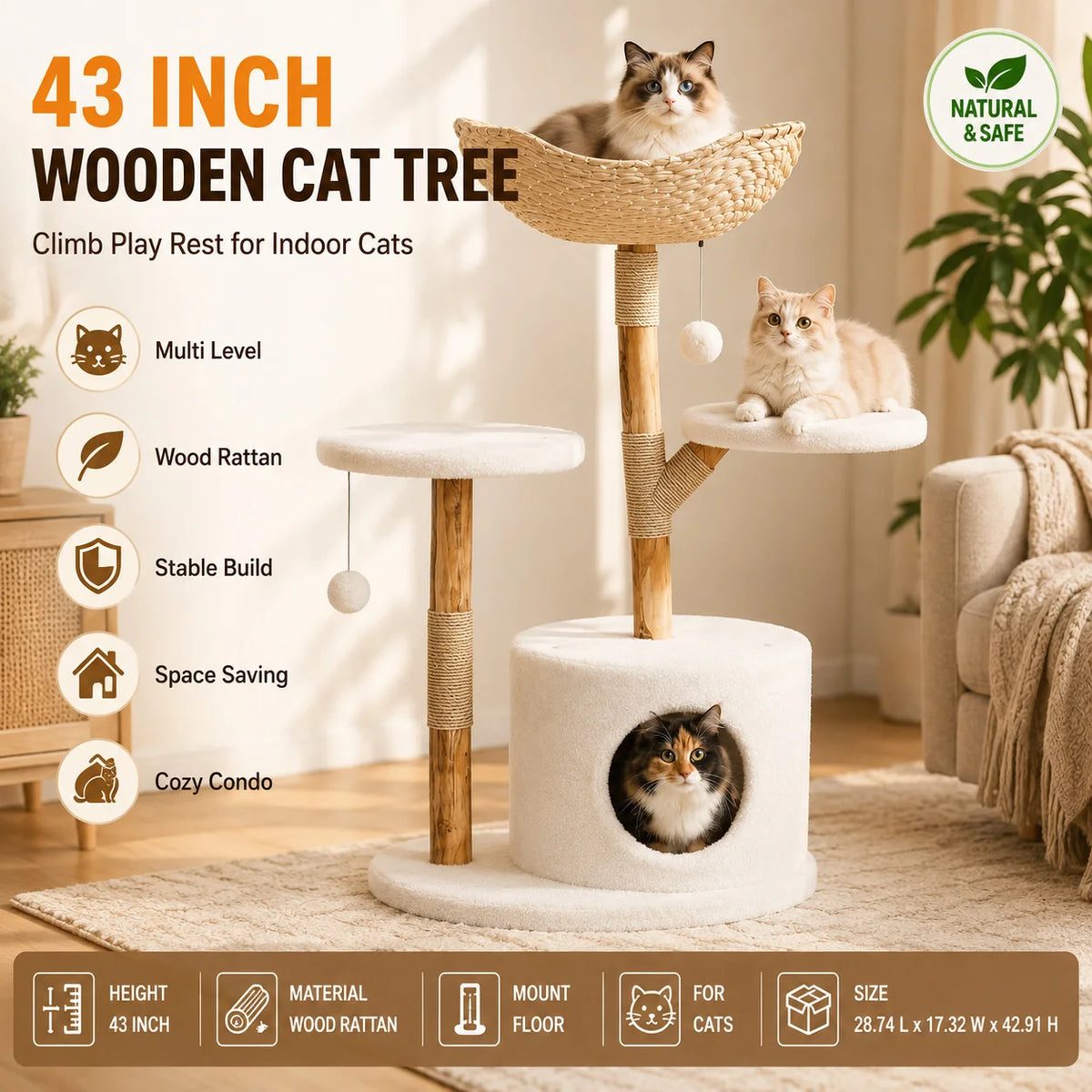 43 Inch Wooden Cat Tree Tower Rattan Design Multi Level Climbing Furniture with Perches Scratching Post And Resting Areas for Indoor Cats