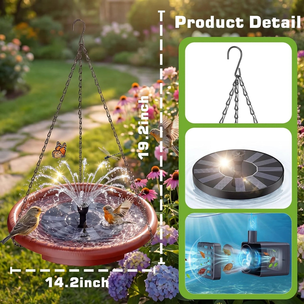 Hanging Solar Bird Bath With Fountain And Feeder For Gardens