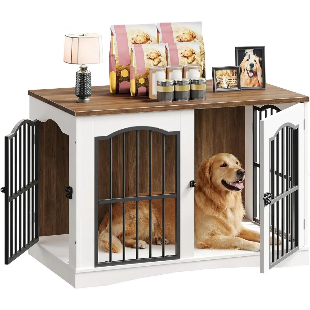 Wooden Dog Crate Furniture - Indoor Kennel, Decorative Pet House Side/End Table TV Stand, White Walnut