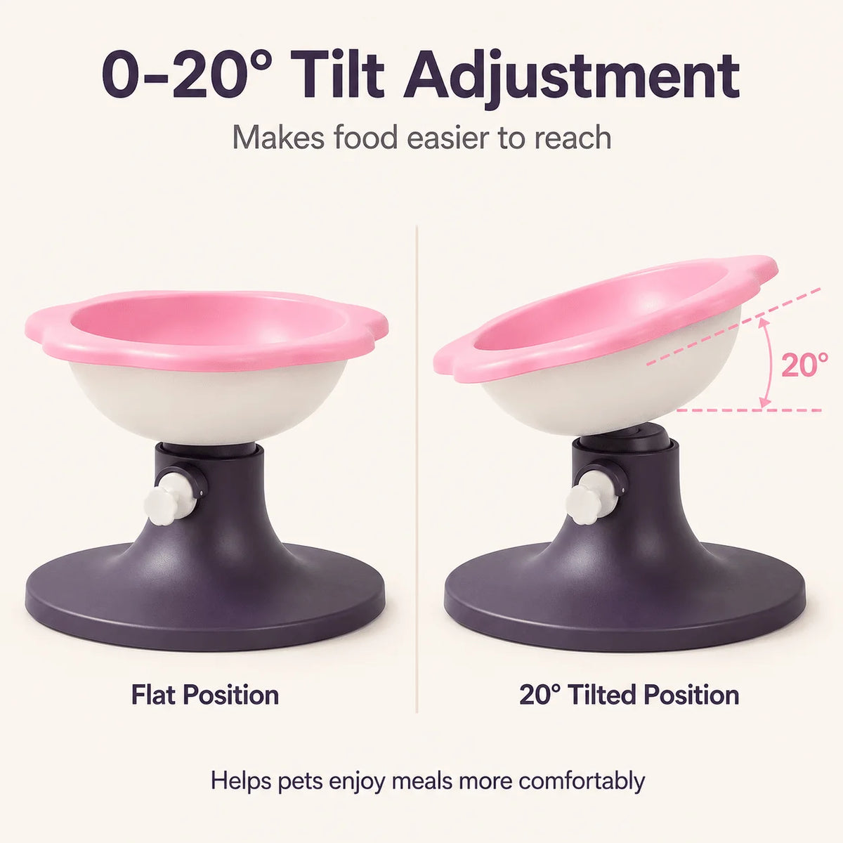 Adjustable Elevated Cat Bowl with Tilted Angle, Whisker-Friendly Raised Pet Feeding Bowl for Cats & Small Dogs, Neck Protection