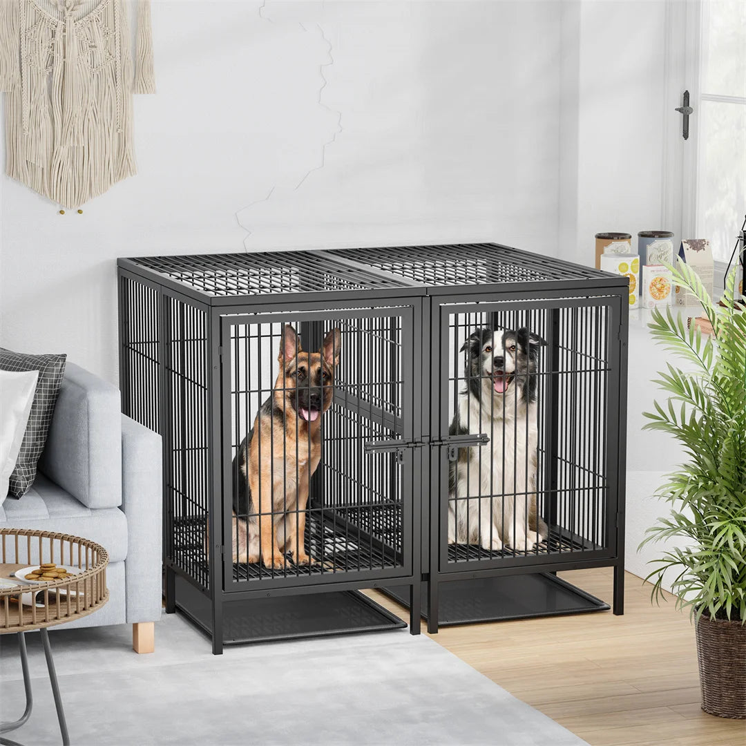 2 in 1 Large Heavy Duty Metal Dog Cage Double Dog Crate Kennel with Removable Divider for 2 Dogs