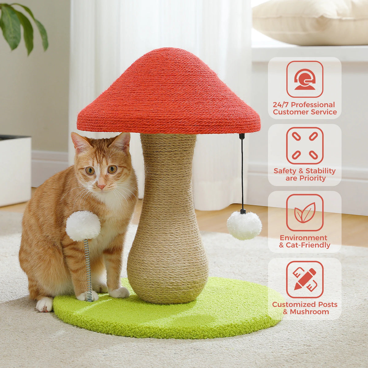 Mushroom Cat Scratching Post, Cat Scratcher Cute with 100% Sisal Covered Scratching Post & Pompoms Cat Toy, Mushroom Cat Post