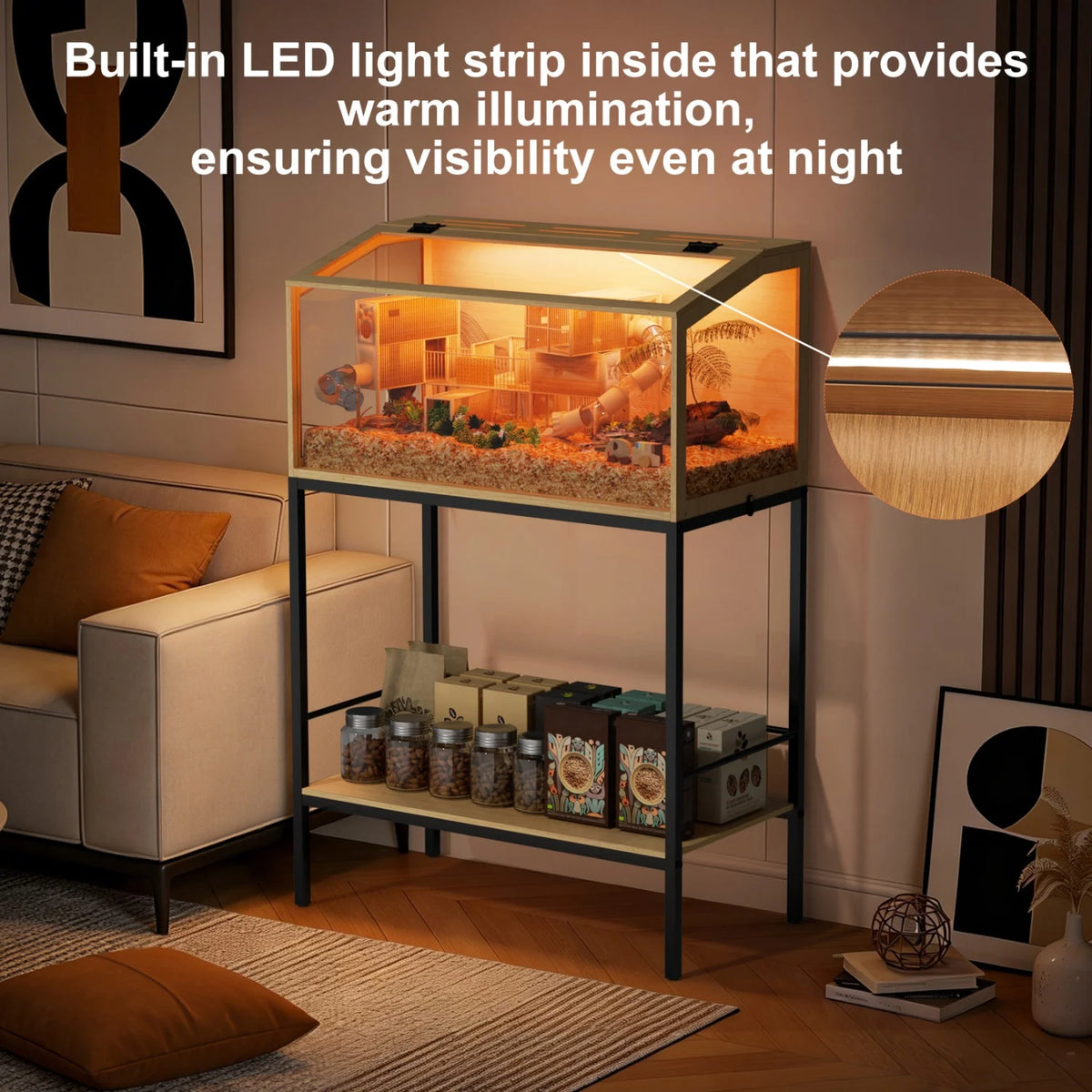 Chewproof Wooden Hamster Cage With Glass And Led Lighting