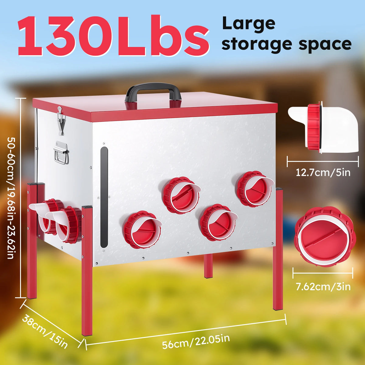 1* 130 lb Extra-Large Galvanized Chicken Feeder with 12 No-Waste Ports Durable