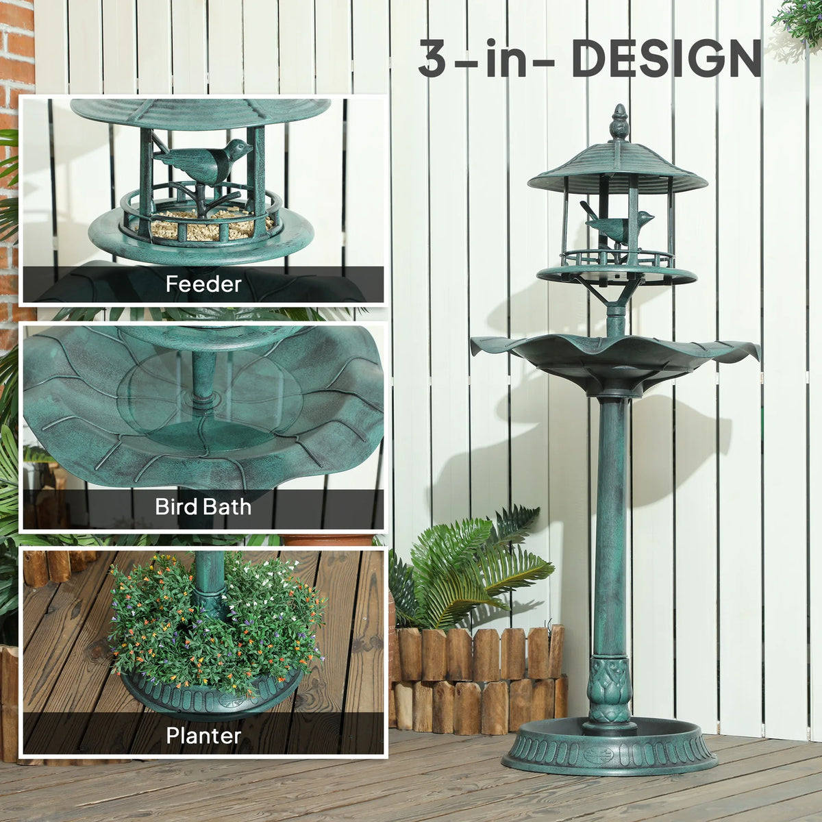 Outsunny 3 In 1 Outdoor Pedestal Bird Bath Feeder Planter