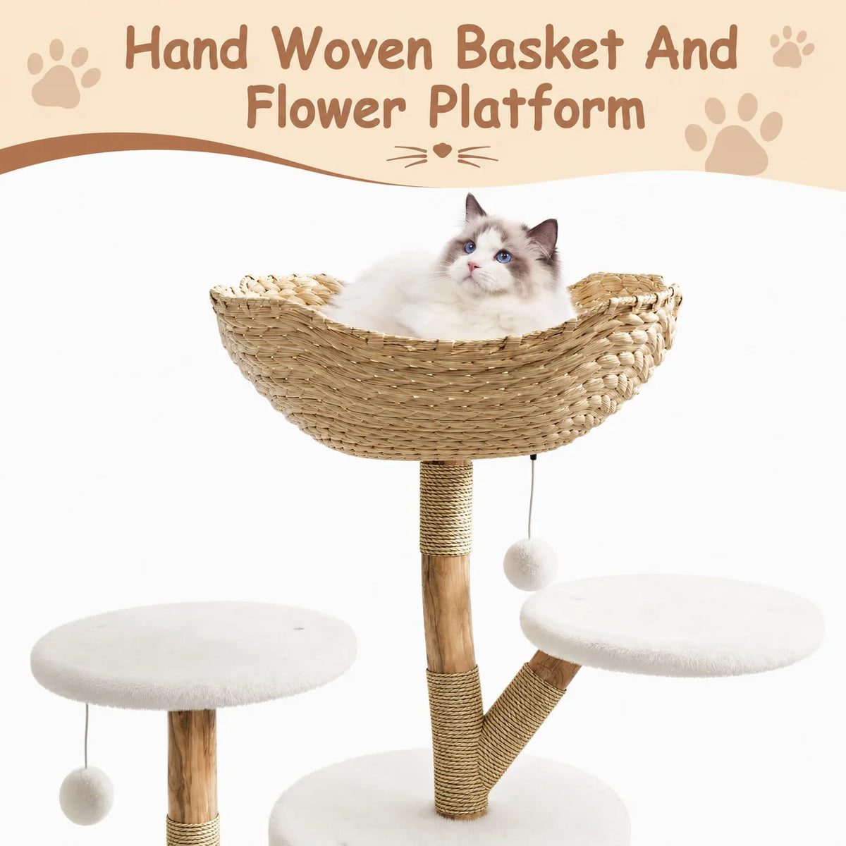 43 Inch Wooden Cat Tree Tower Rattan Design Multi Level Climbing Furniture with Perches Scratching Post And Resting Areas for Indoor Cats