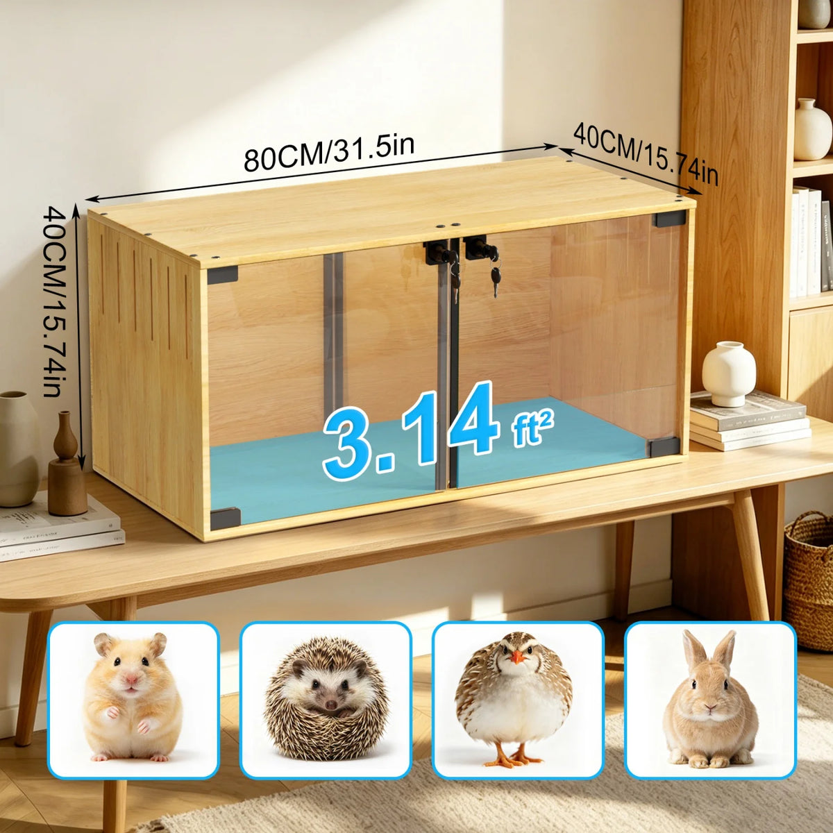 Wooden Small Animal Cage With Glass And Removable Divider