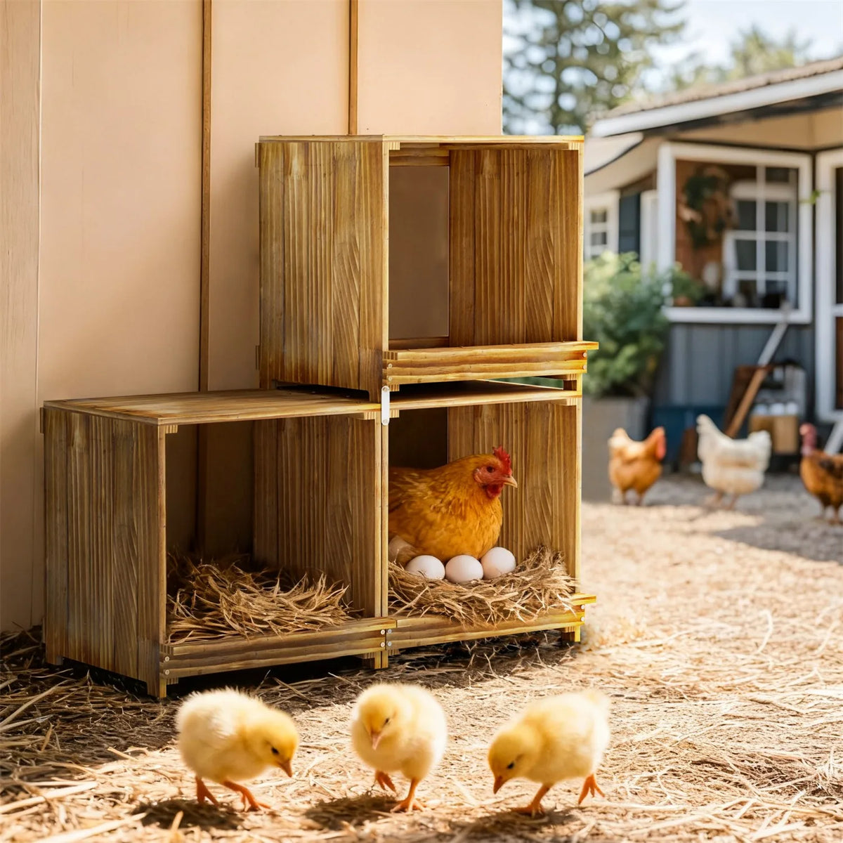 Borwart 3 Compartment Pine Wood Chicken Nesting Box For Poultry