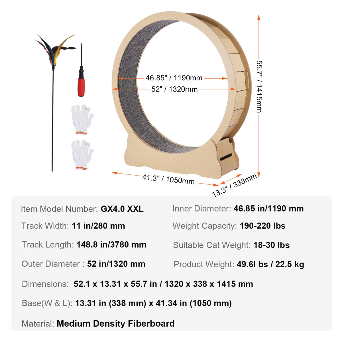 Wooden Cat Exercise Treadmill Wheel With Detachable Carpet And Teaser
