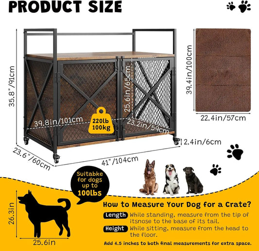 Heavy Duty Dog Kennels Metal Wooden Dog Crate End Table Furniture Style with Wheels and Double Doors Pet Cage for Dog Cat Rabbit Pet for Indoor Living Room