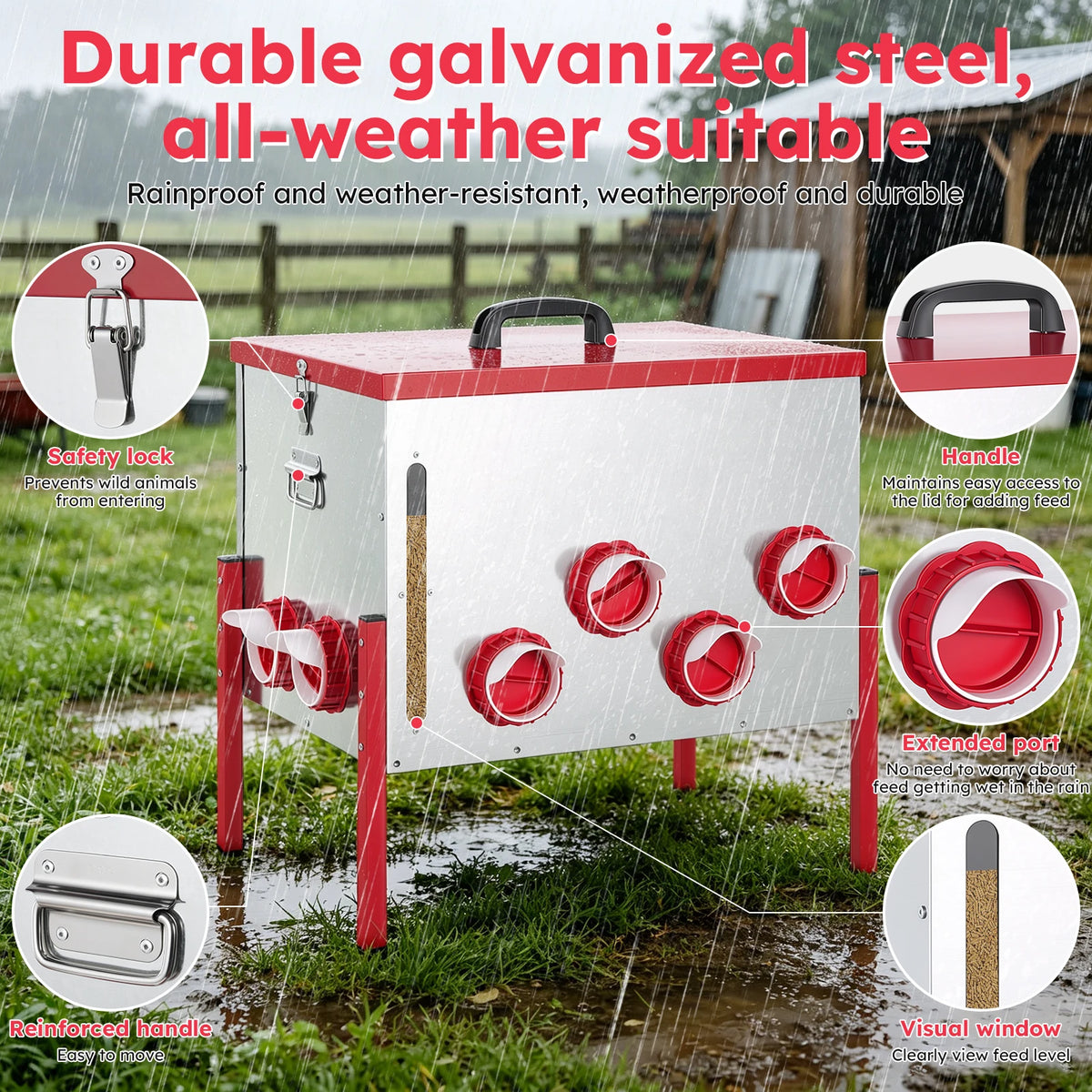 1* 130 lb Extra-Large Galvanized Chicken Feeder with 12 No-Waste Ports Durable