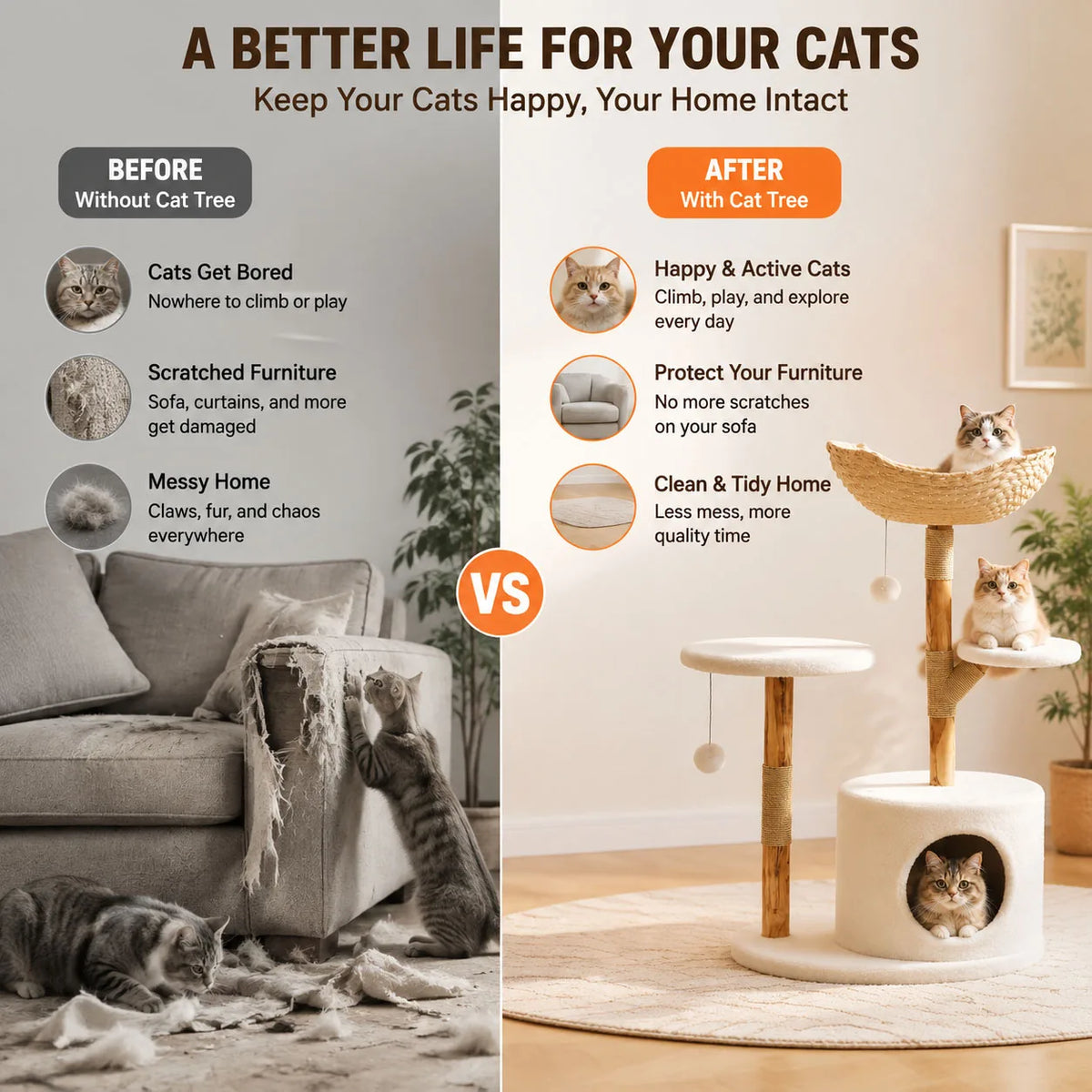 43 Inch Wooden Cat Tree Tower Rattan Design Multi Level Climbing Furniture with Perches Scratching Post And Resting Areas for Indoor Cats