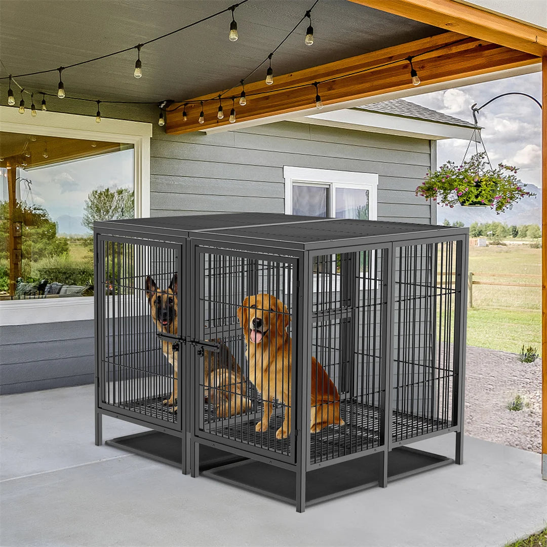 2 in 1 Large Heavy Duty Metal Dog Cage Double Dog Crate Kennel with Removable Divider for 2 Dogs
