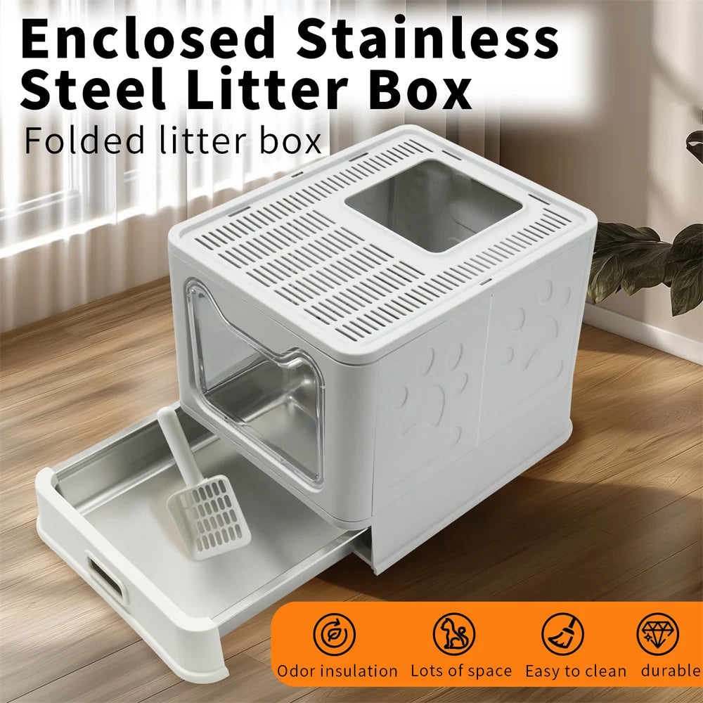 Enclosed Top Entry Stainless Steel Cat Litter Box With Scoop