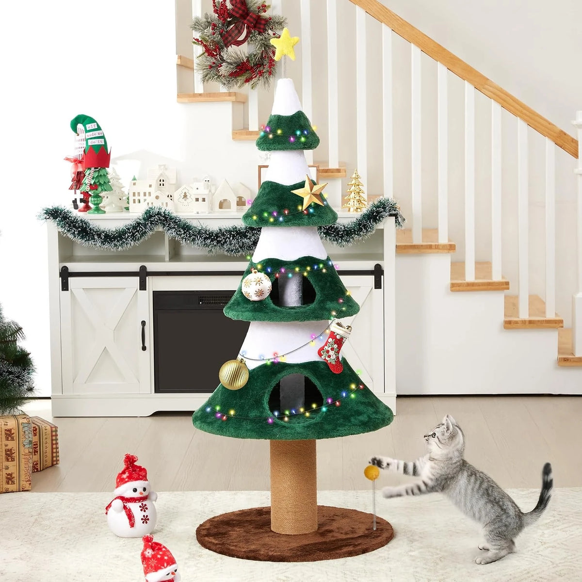 62" Christmas Cat Tree Tower, Festive Green Holiday Cat Condo Furniture with Heavy-Duty Base, Sisal Scratching Posts & Cozy Perch, Sturdy Indoor Climbing Gym for Large Cats