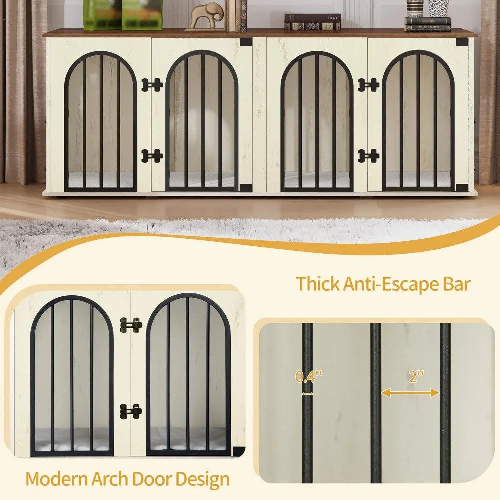 63" Heavy Duty Indoor Dog Kennel Furniture, Wood Dog Crate for Medium to Large Dogs with Cushion, White Brown
