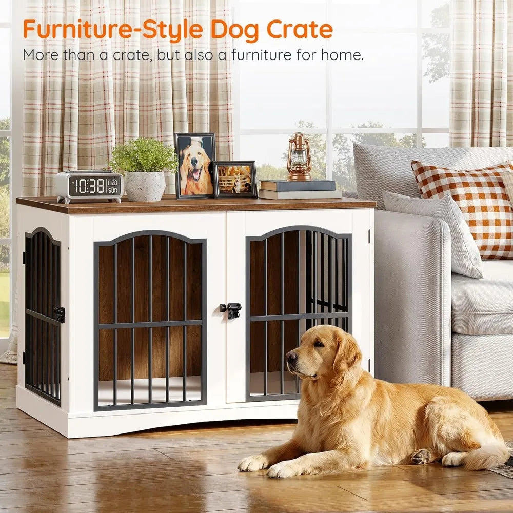 Wooden Dog Crate Furniture - Indoor Kennel, Decorative Pet House Side/End Table TV Stand, White Walnut