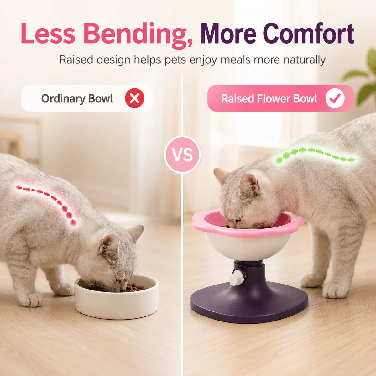 Adjustable Elevated Cat Bowl with Tilted Angle, Whisker-Friendly Raised Pet Feeding Bowl for Cats & Small Dogs, Neck Protection