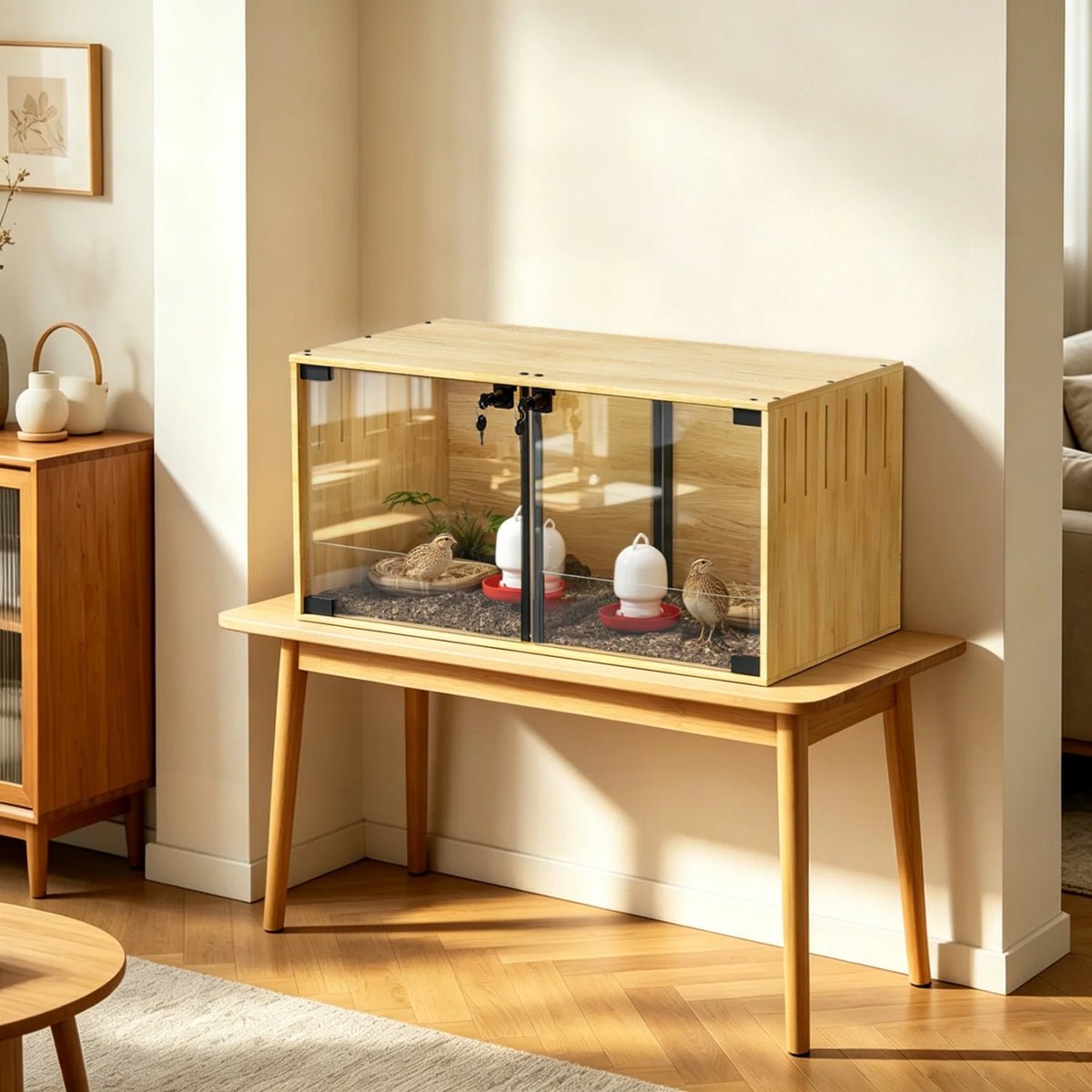 Wooden Small Animal Cage With Glass And Removable Divider