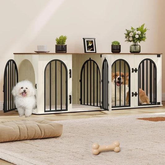 63" Heavy Duty Indoor Dog Kennel Furniture, Wood Dog Crate for Medium to Large Dogs with Cushion, White Brown