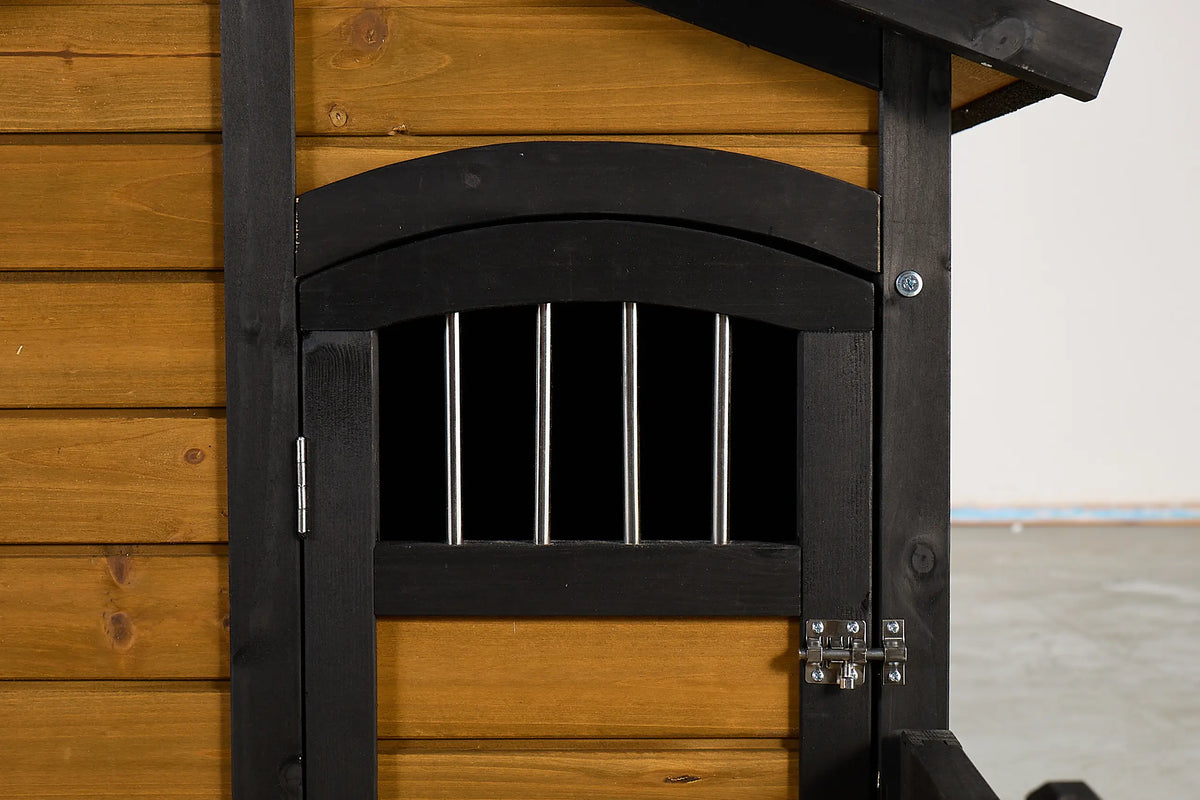 Natural Wood Double-Bowl Dog House Outdoor Waterproof Kennel with Built-In Feeding Bowls And Balcony for Small to Medium Breeds