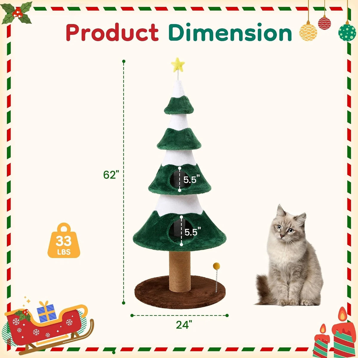 62" Christmas Cat Tree Tower, Festive Green Holiday Cat Condo Furniture with Heavy-Duty Base, Sisal Scratching Posts & Cozy Perch, Sturdy Indoor Climbing Gym for Large Cats
