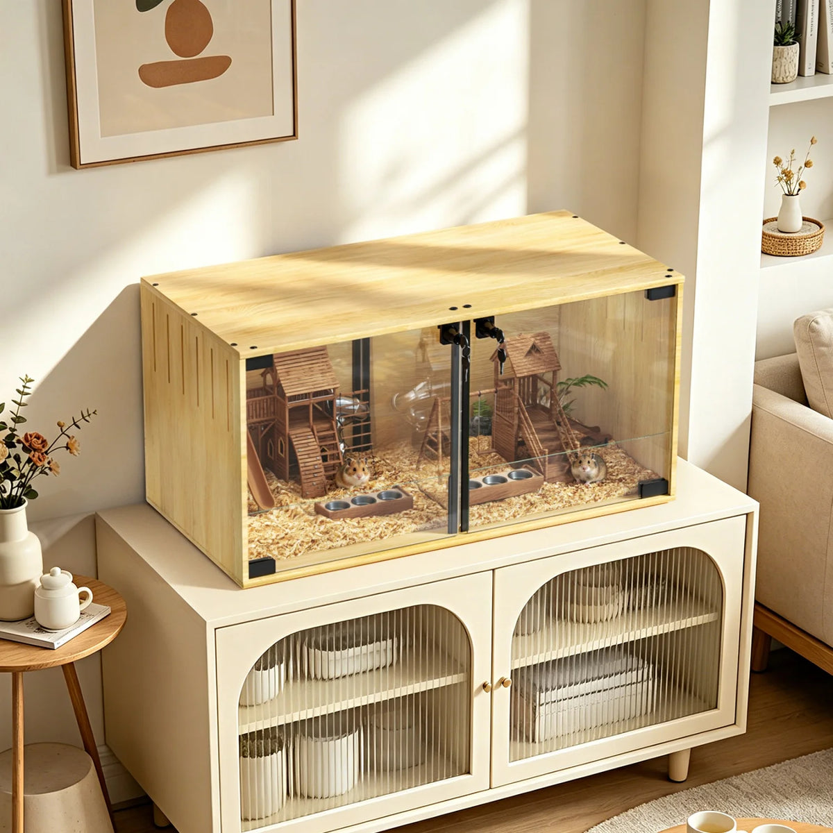 Wooden Small Animal Cage With Glass And Removable Divider