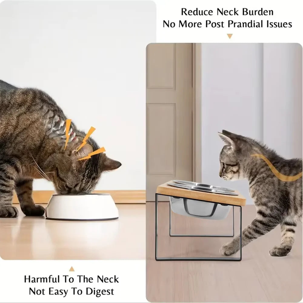 Elevated Cat Bowls With Wooden Stand And Stainless Steel Bowls