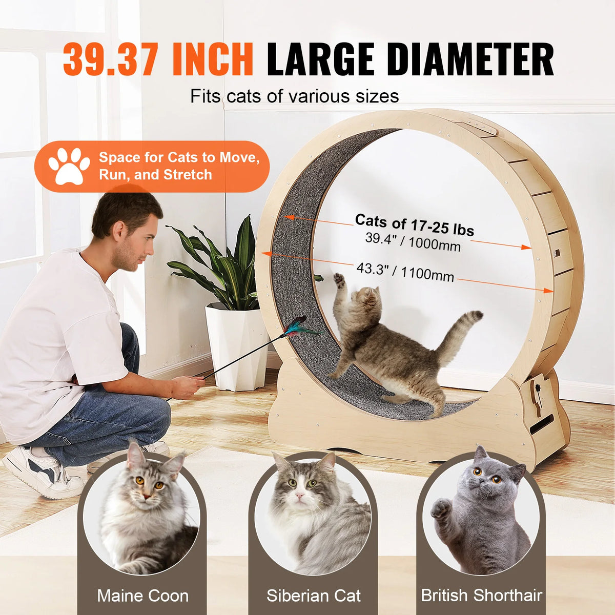 Wooden Cat Exercise Treadmill Wheel With Detachable Carpet And Teaser
