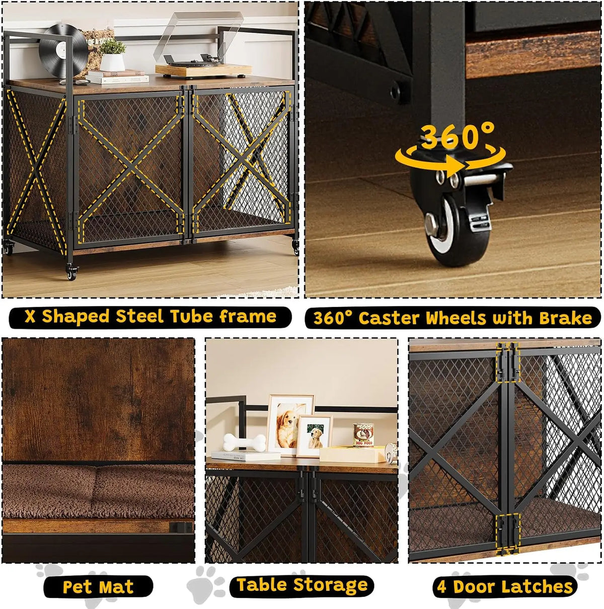 Heavy Duty Dog Kennels Metal Wooden Dog Crate End Table Furniture Style with Wheels and Double Doors Pet Cage for Dog Cat Rabbit Pet for Indoor Living Room