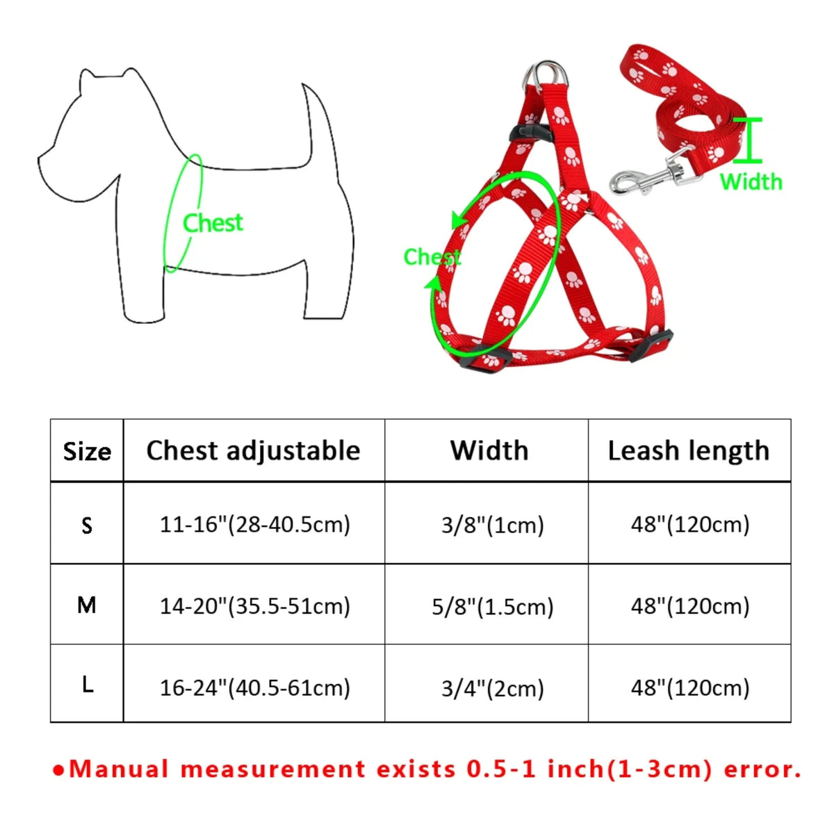 Nylon Dog Harness and Leash Set Adjustable Paw Print Dog Harness Walking Leash Strap  Small Medium Dogs S/M/L