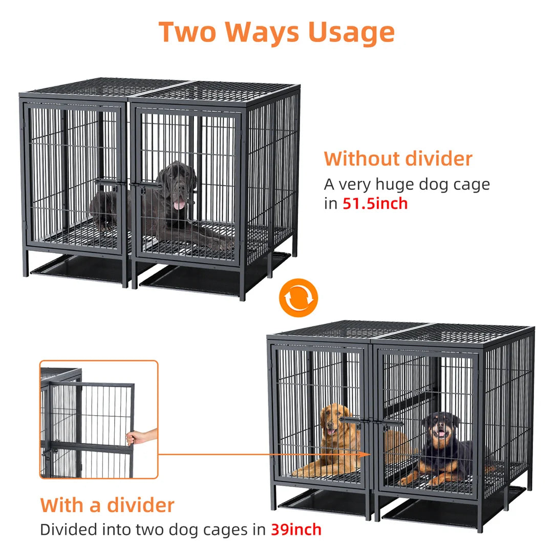 2 in 1 Large Heavy Duty Metal Dog Cage Double Dog Crate Kennel with Removable Divider for 2 Dogs