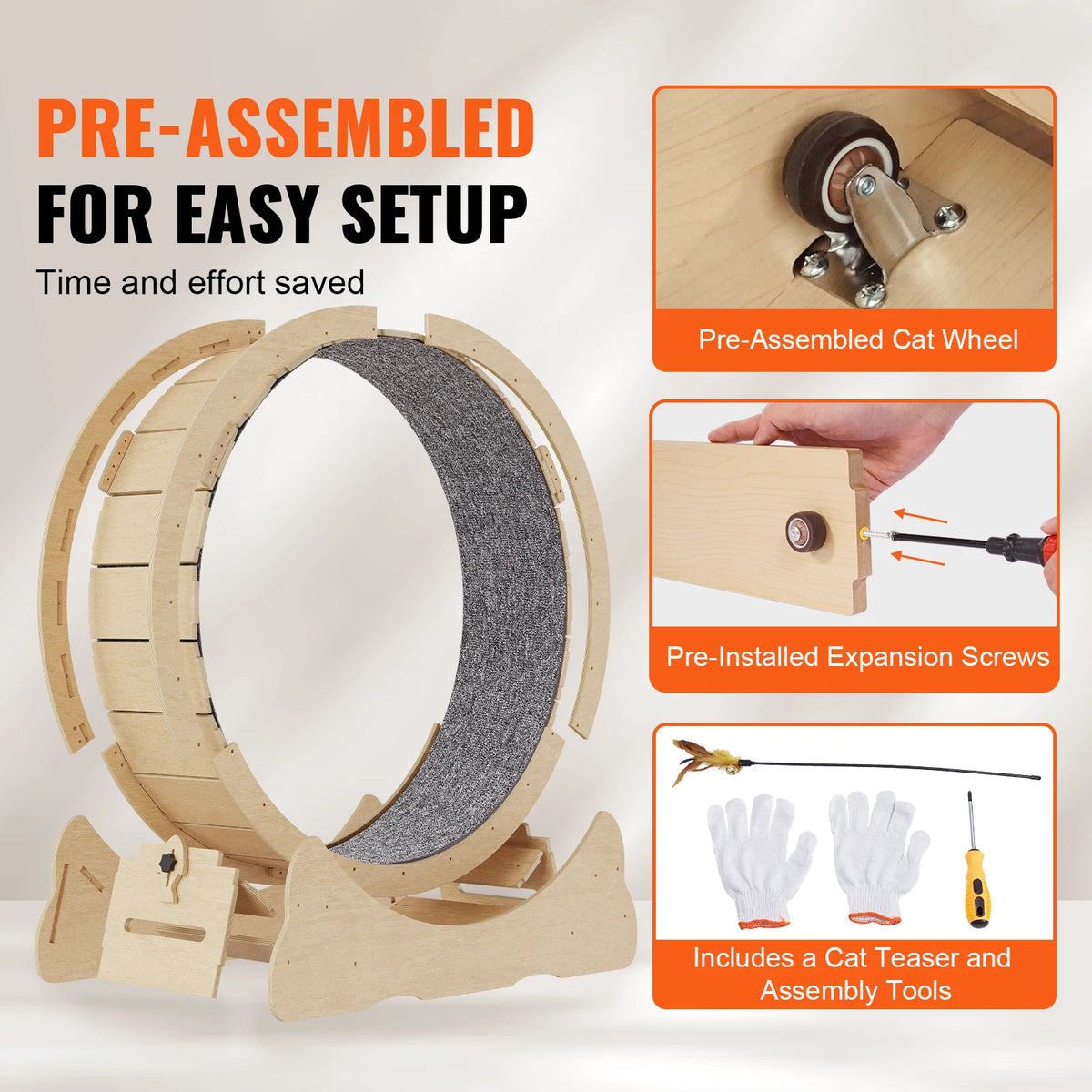 Wooden Cat Exercise Treadmill Wheel With Detachable Carpet And Teaser
